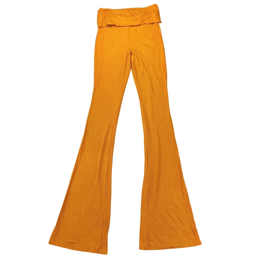 WEXIST Flare Pants Womens S Orange Ribbed Knit Fold Over Waist Bell Bottoms